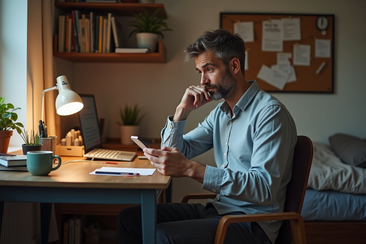 Homme réfléchi dans un petit bureau à la maison