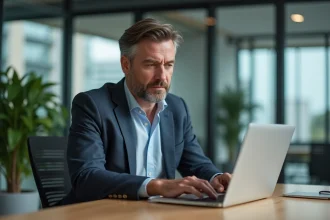Homme d'affaires concentré sur son ordinateur au bureau