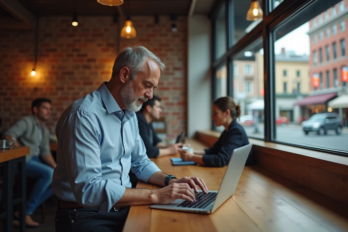 Homme travaillant dans un caf&eacute; en milieu urbain
