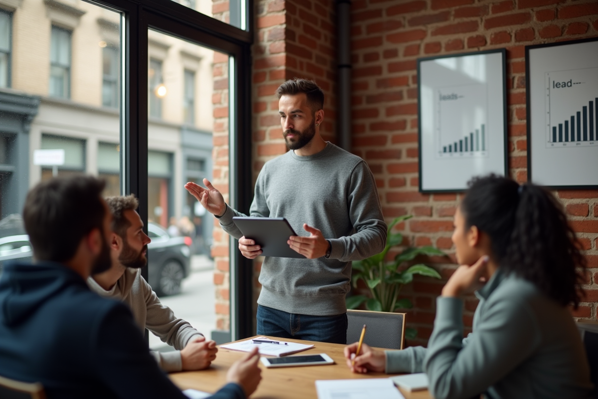 Homme discutant stratégie de génération de leads dans un café dynamique