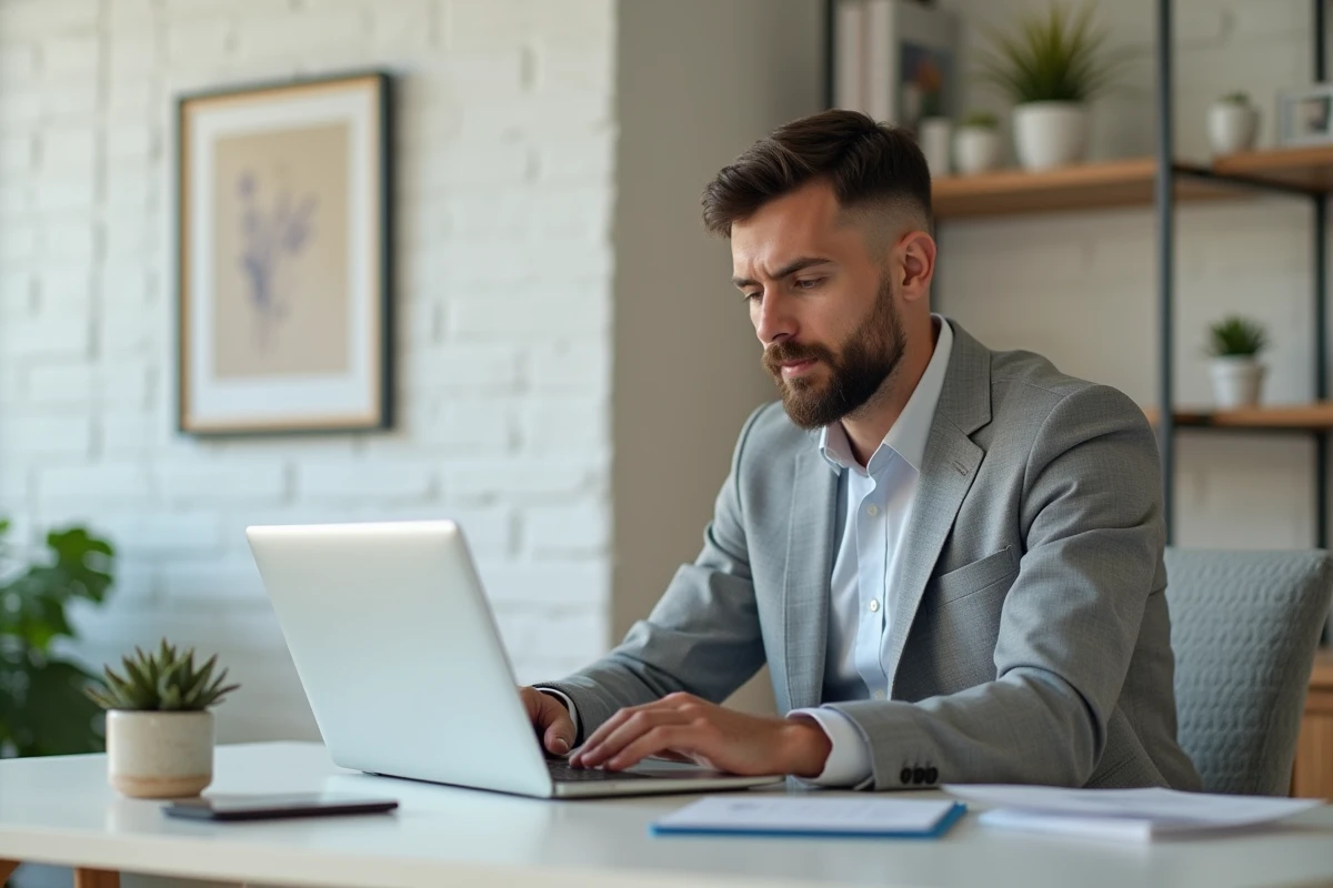 Homme en costume rédigeant une lettre de démission sur son ordinateur portable à domicile