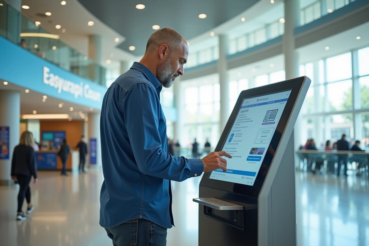 Homme en jean utilisant un kiosque public dans un bâtiment officiel