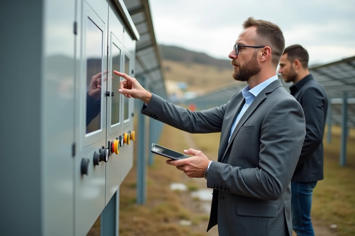 Homme en extérieur observant un panneau solaire