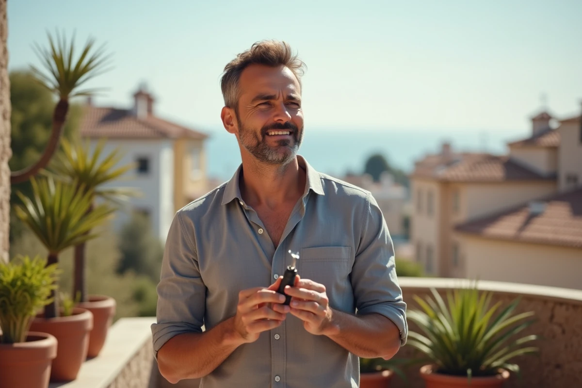 Homme utilisant un dispositif de tabac chauffé sur une terrasse urbaine en Espagne avec vue sur les toits