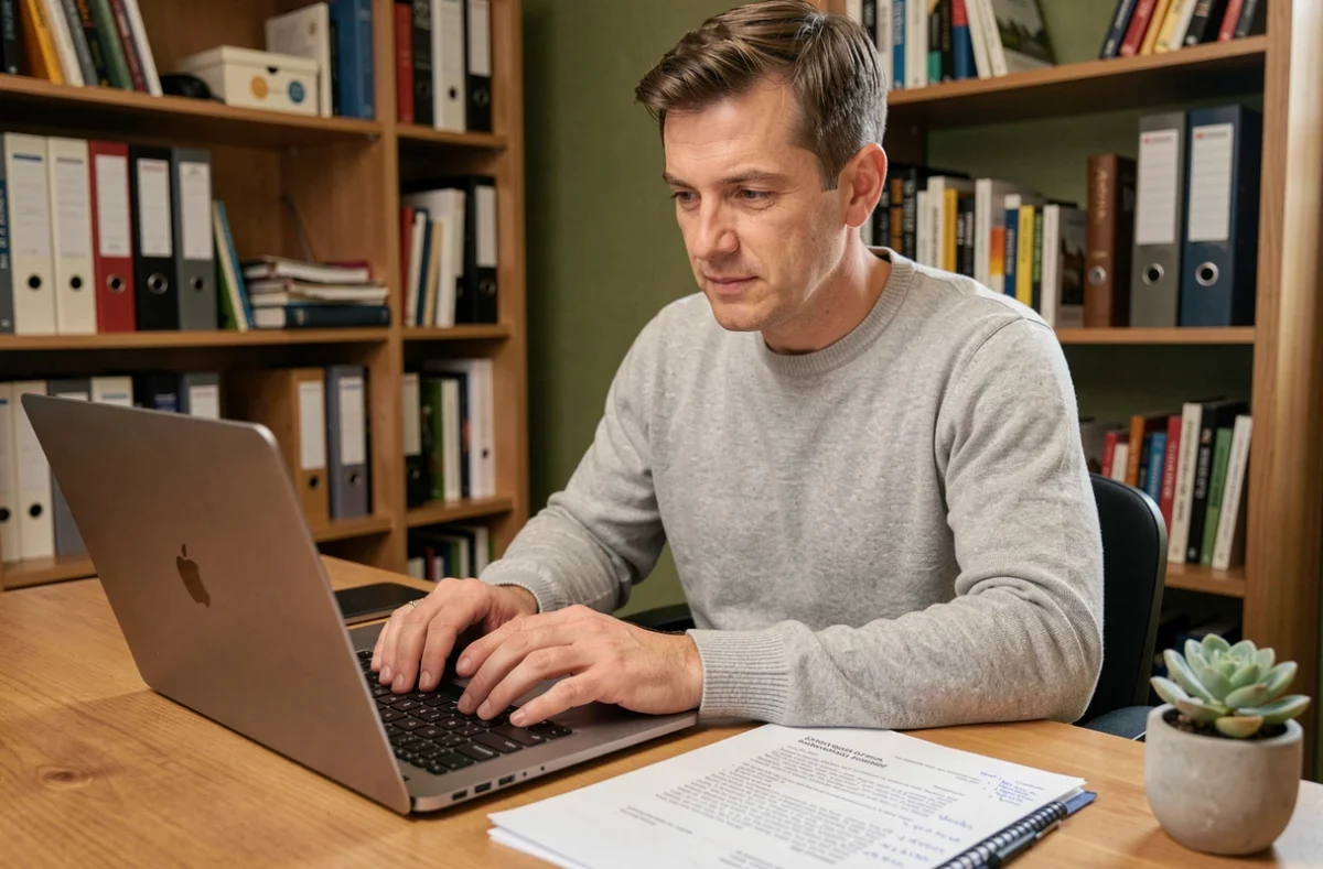 Homme en télétravail rédigeant une note de service sur son ordinateur portable à domicile