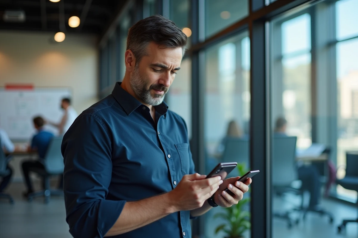 Homme en costume vérifiant les délais légaux sur son téléphone dans un bureau professionnel