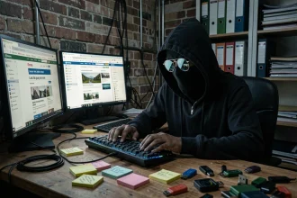Personne anonyme encapuchonnée devant un bureau d'ordinateur avec des sites web francophones, illustrant l'identité cachée de BODLAV sur le web