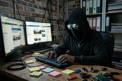 Personne anonyme encapuchonnée devant un bureau d'ordinateur avec des sites web francophones, illustrant l'identité cachée de BODLAV sur le web