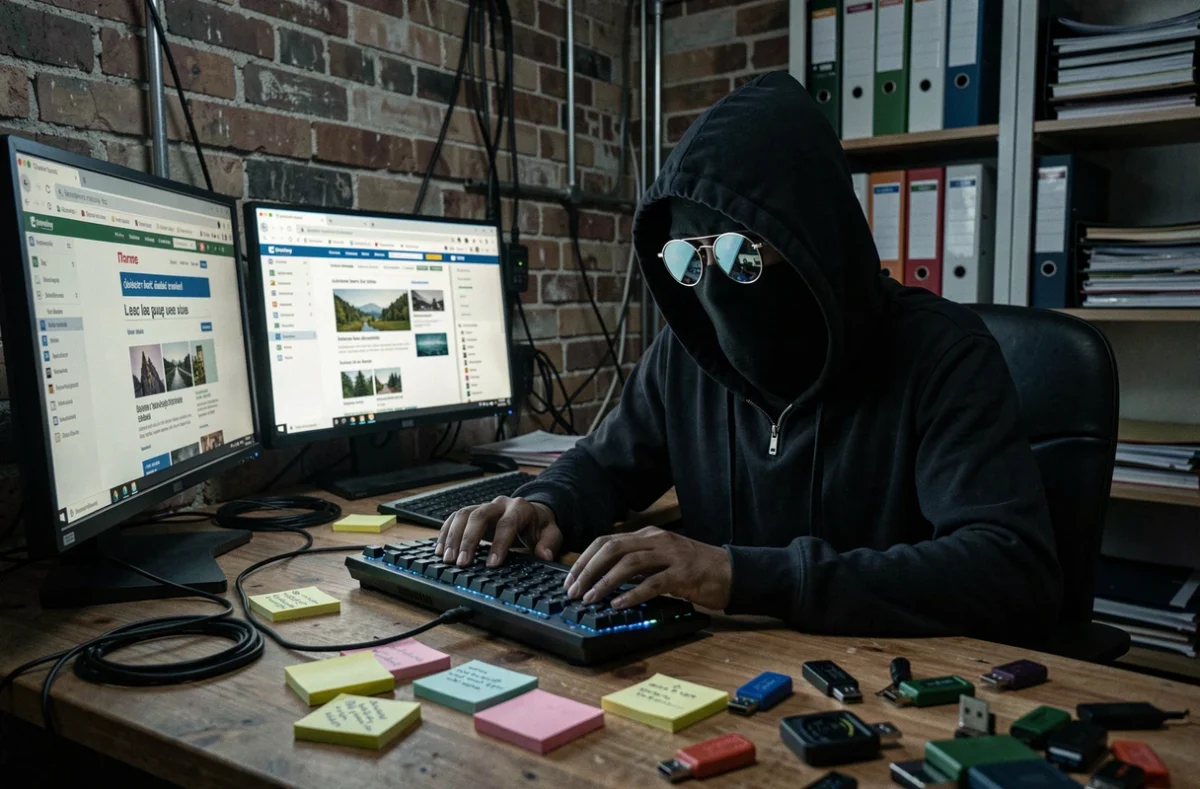 Personne anonyme encapuchonnée devant un bureau d'ordinateur avec des sites web francophones, illustrant l'identité cachée de BODLAV sur le web
