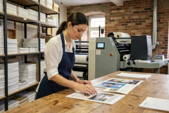 Employée d'une imprimerie parisienne examinant des brochures imprimées au comptoir d'une boutique du 17e arrondissement