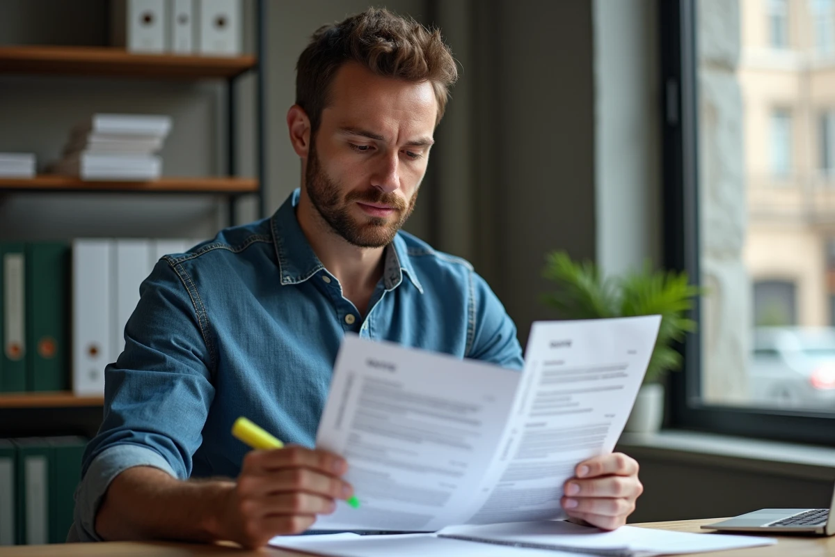 Travailleur indépendant comparant deux modèles de devis professionnels avec conditions légales imprimées