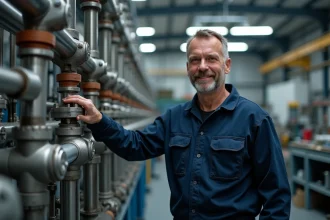 Ingénieur homme en overalls près de tuyaux hydrauliques