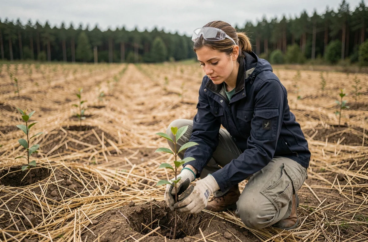 Ingénieure forestière examinant un plant lors d'une opération de reboisement en sylviculture