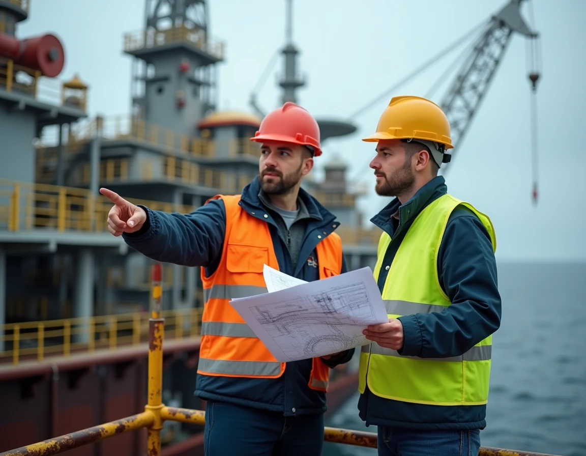 Ingénieurs sur plateforme pétrolière examinant des plans techniques, emploi offshore et carrière dans le pétrole en 2026