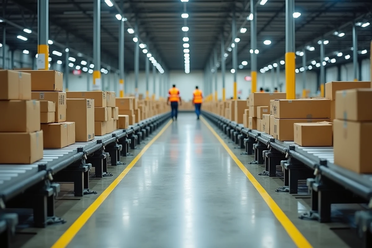 Vue intérieure d'un hub logistique de tri de colis Mondial Relay avec tapis roulants et agents en gilet jaune