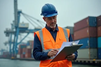 Intérimaire portuaire en gilet haute visibilité consultant des documents administratifs dans un port à conteneurs