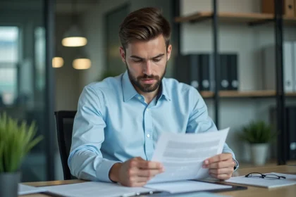 Jeune comptable homme en bureau moderne en train de revoir des documents