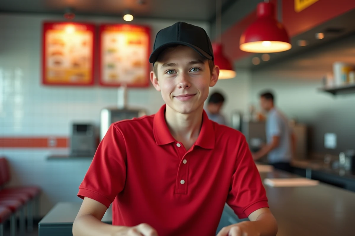 Jeune employé de 16 ans en uniforme de fast-food préparant une commande derrière le comptoir d'un restaurant McDonald's