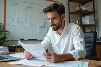 Jeune entrepreneur ambitieux analysant des graphiques financiers dans un bureau minimaliste pour choisir le métier le plus rentable en partant de zéro