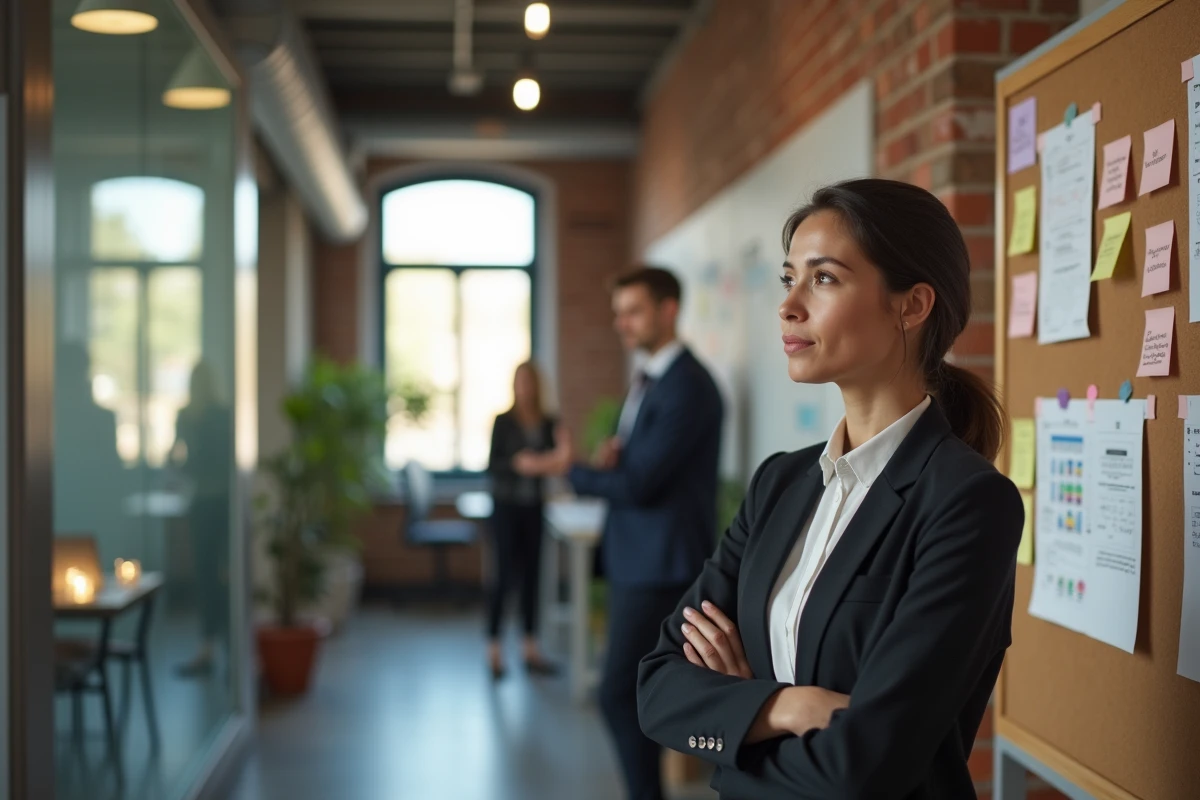 Jeune femme professionnelle analysant un tableau de conformité