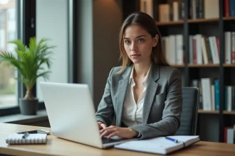 Jeune femme en bureau moderne avec ordinateur et livres