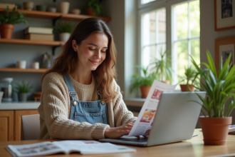 Jeune femme assise à un bureau moderne ensoleillé utilisant un ordinateur portable