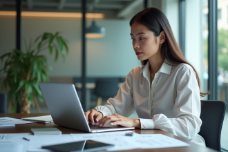 Jeune femme professionnelle au bureau en train de revoir des candidatures