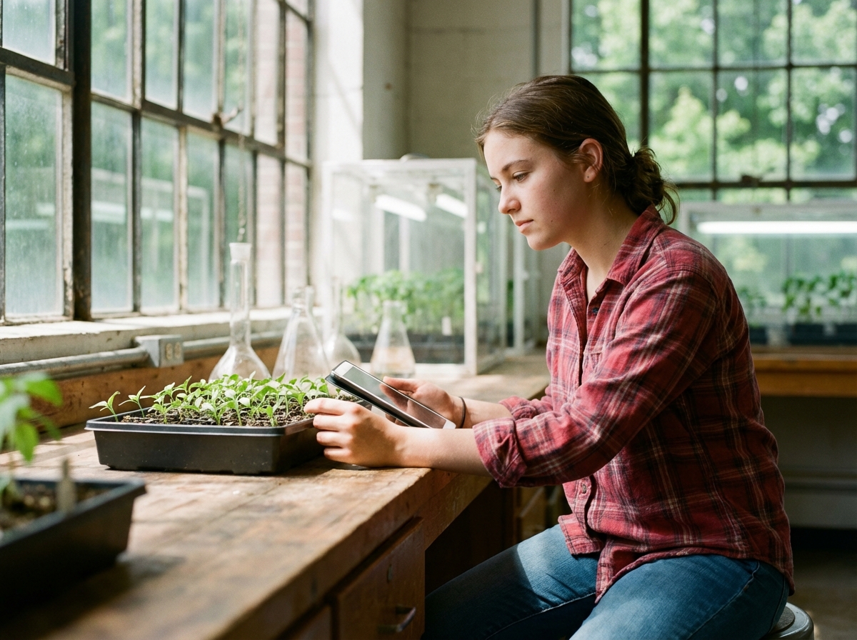 Jeune femme en laboratoire horticole avec tablette et plantes