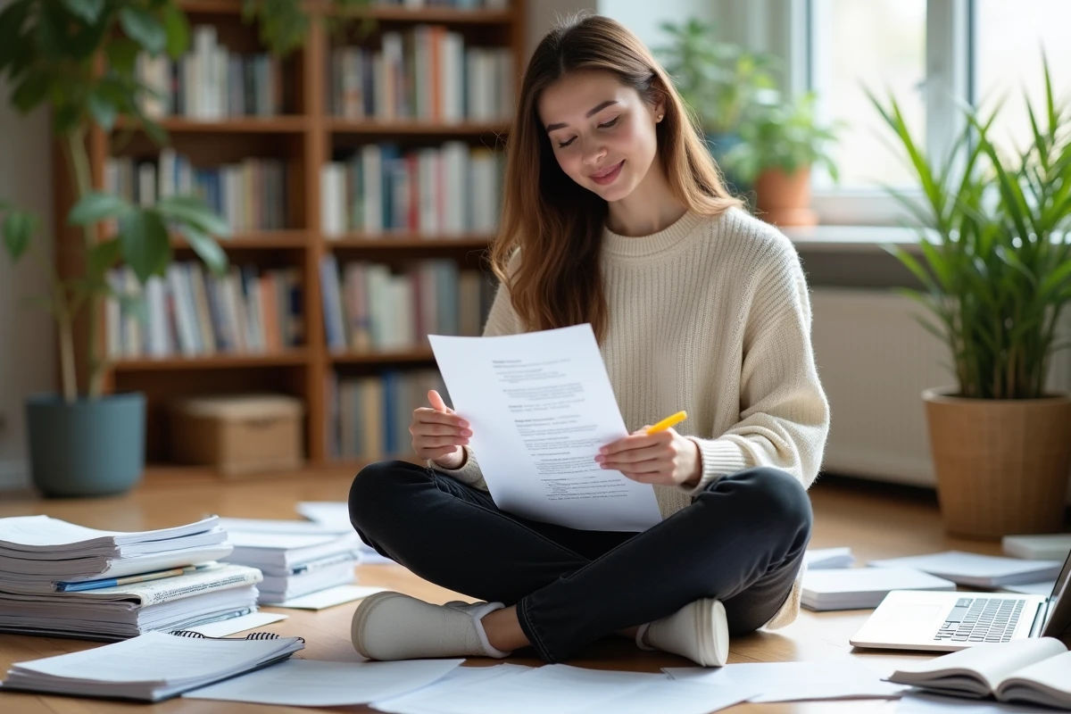 Jeune femme concentrée avec documents et surligneur dans un bureau moderne