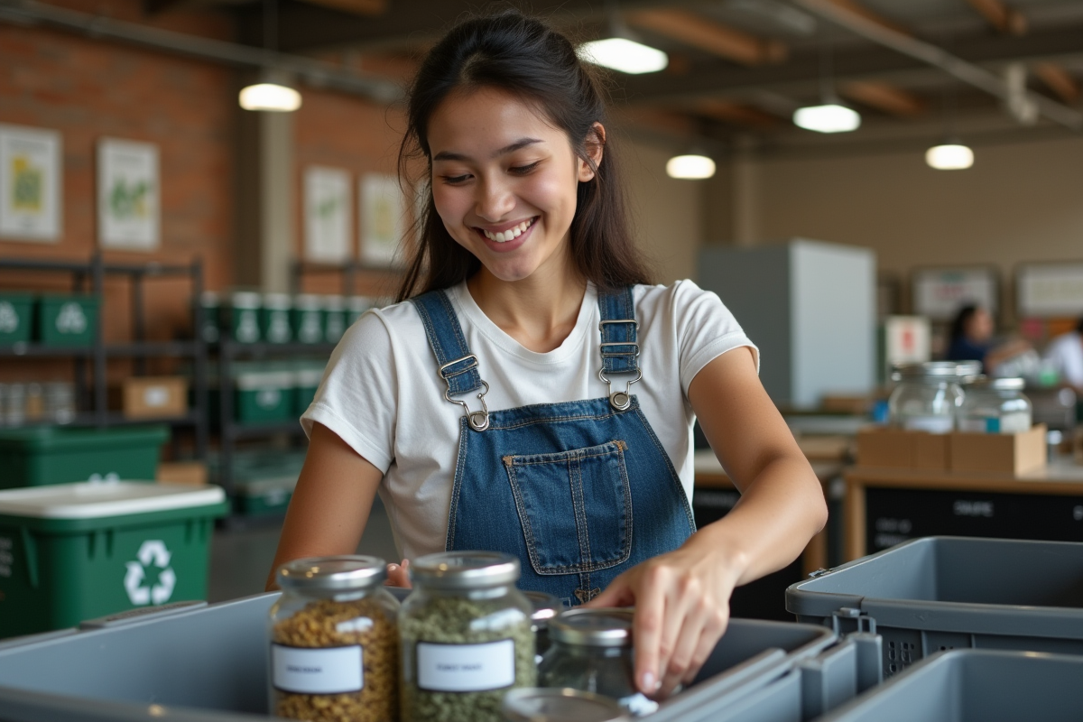 Jeune femme triant des contenants recyclables dans un centre de recyclage