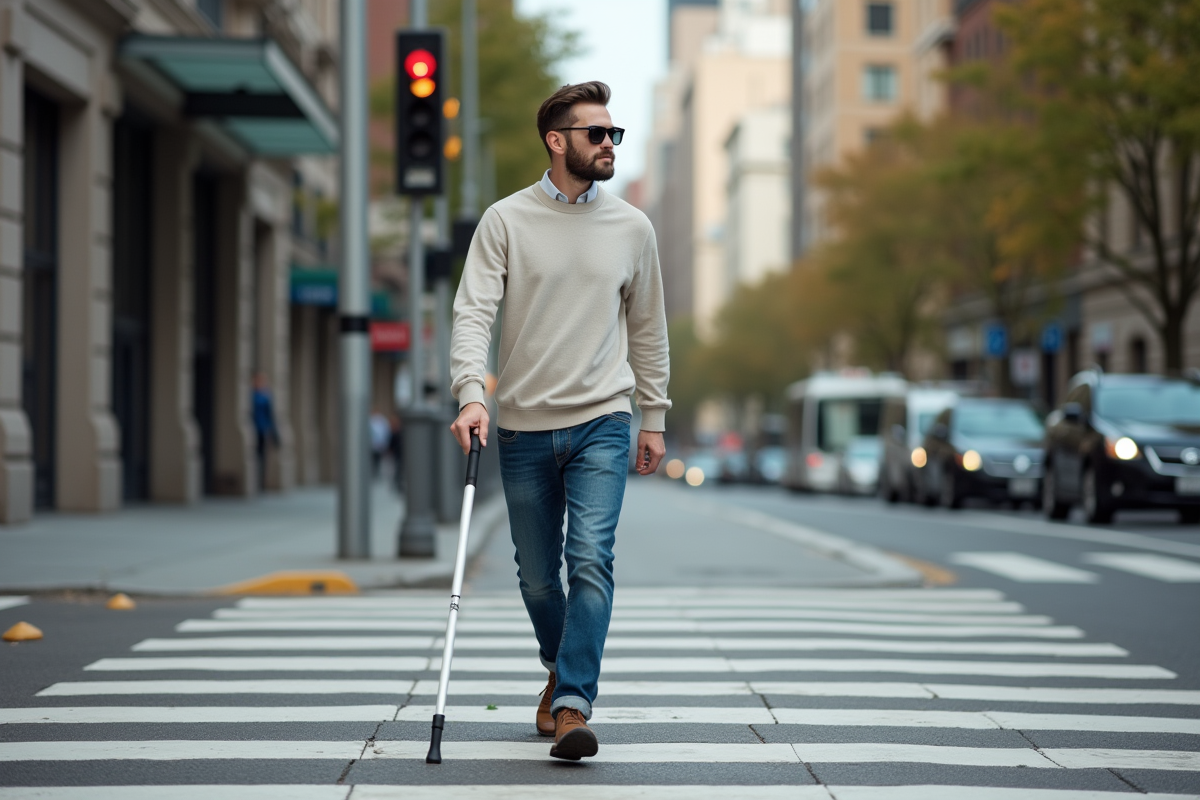 Jeune homme avec canne blanche traversant une rue accessible