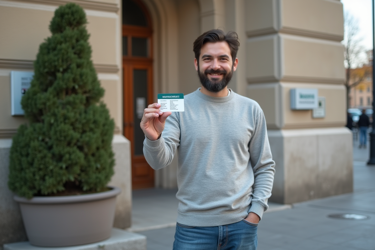 Jeune homme souriant tenant une licence devant un bâtiment municipal