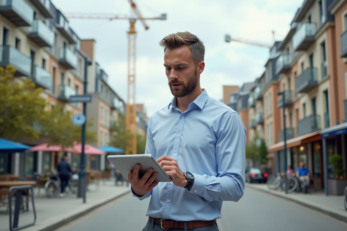 Jeune homme fran&ccedil;ais discutant plans de construction en ext&eacute;rieur