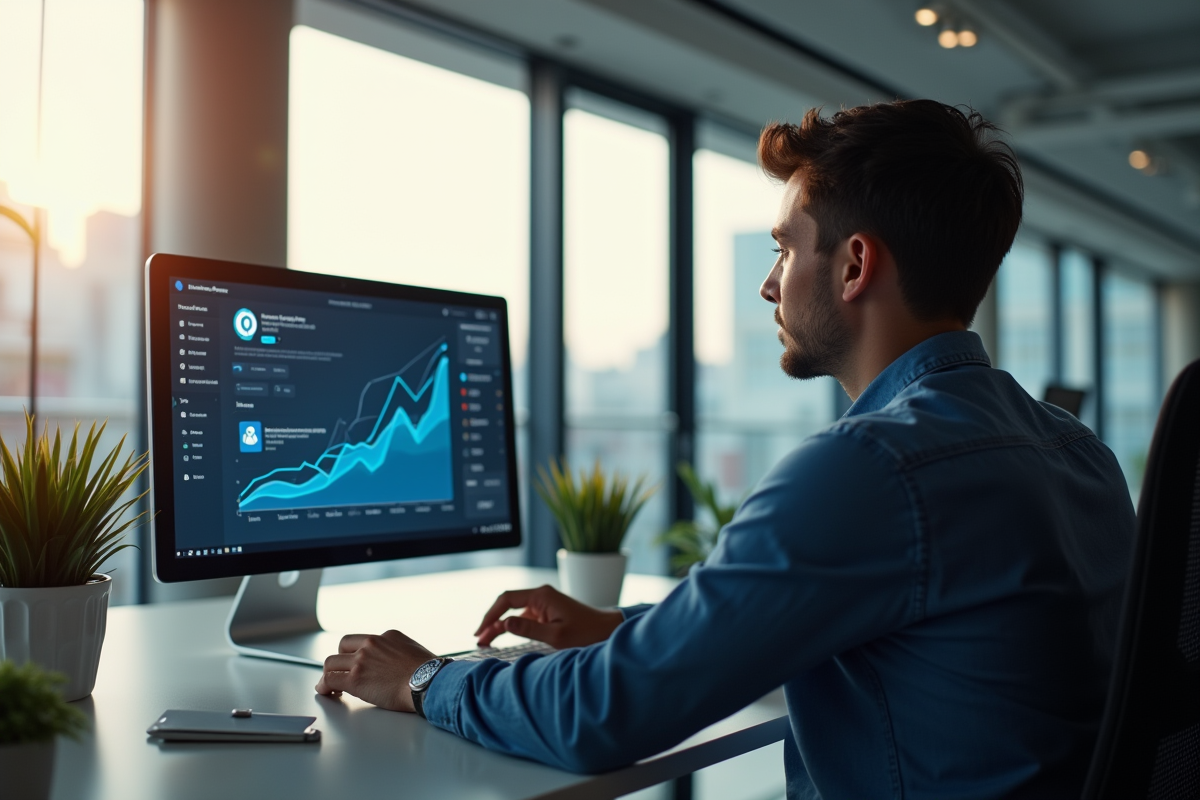 Jeune professionnel analysant graphiques de publicite social media