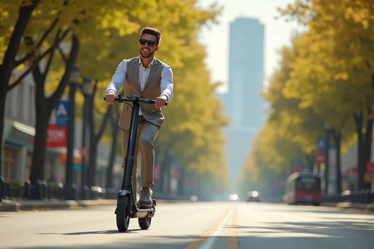 Jeune professionnel roulant en scooter électrique en ville ensoleillée