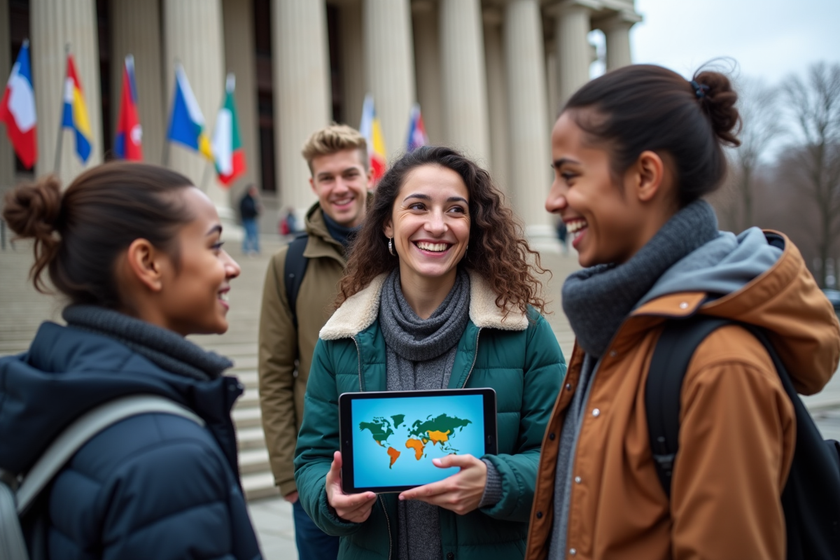 Jeunes adultes discutant devant des drapeaux internationaux