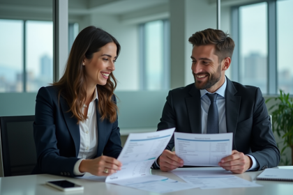 Jeune homme et femme en costume comparant des graphiques de salaire