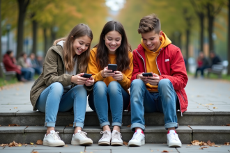 Trois adolescents souriants avec smartphones dans un parc urbain