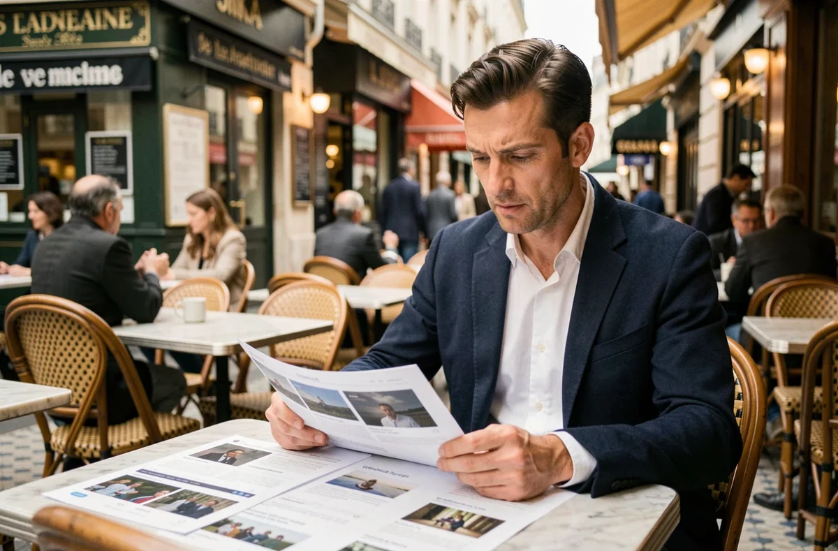 Journaliste analysant des documents sur l'identité de BODLAV dans un café parisien, enquête sur une personnalité du web francophone