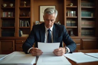 Juriste en costume marine rédigeant une lettre de dénonciation URSSAF sur un bureau couvert de documents administratifs officiels