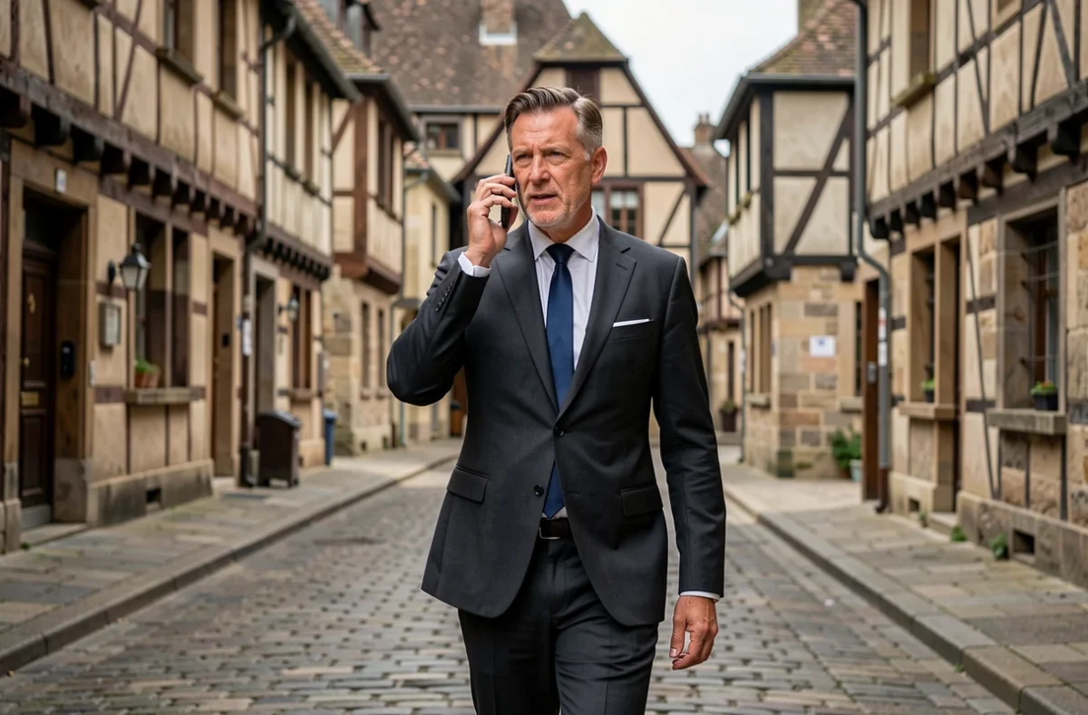 Dirigeant normand en pleine discussion confidentielle de chasse de têtes dans les rues historiques de Rouen
