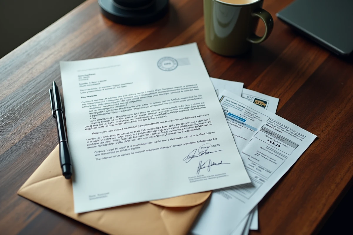 Vue aérienne d'une lettre de dénonciation URSSAF rédigée posée sur un bureau avec enveloppe timbrée et documents justificatifs de travail au noir