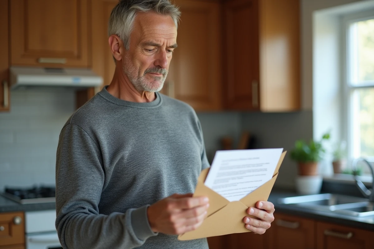 Homme tenant une lettre de rétractation de devis signé dans sa cuisine, démarche amiable et résolution du litige