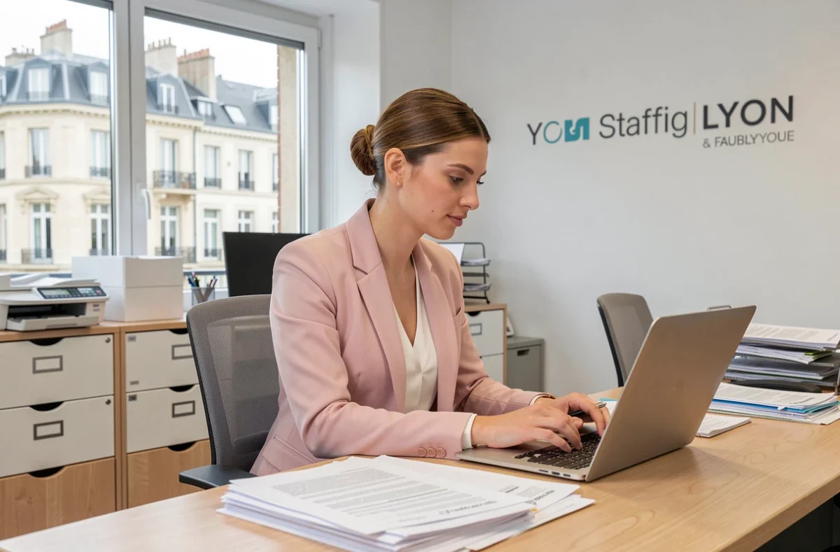 Assistante administrative organisée à son bureau dans une agence LIP Tertiaire spécialisée dans les fonctions administratives à Lyon