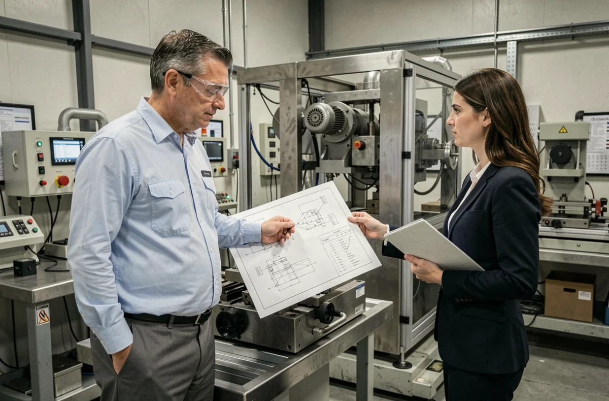 Recruteur Lynkus échangeant avec un ingénieur technique devant des équipements industriels complexes