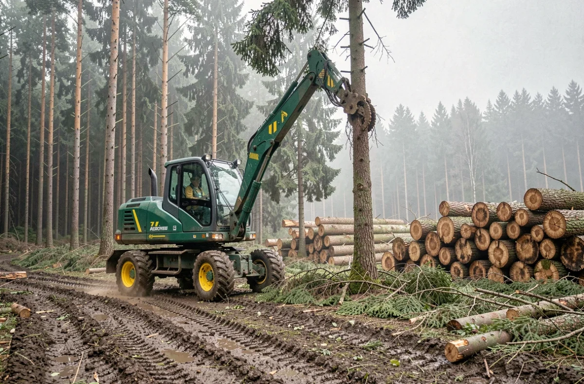 Machine forestière abatteuse en opération dans une forêt gérée par une entreprise spécialisée
