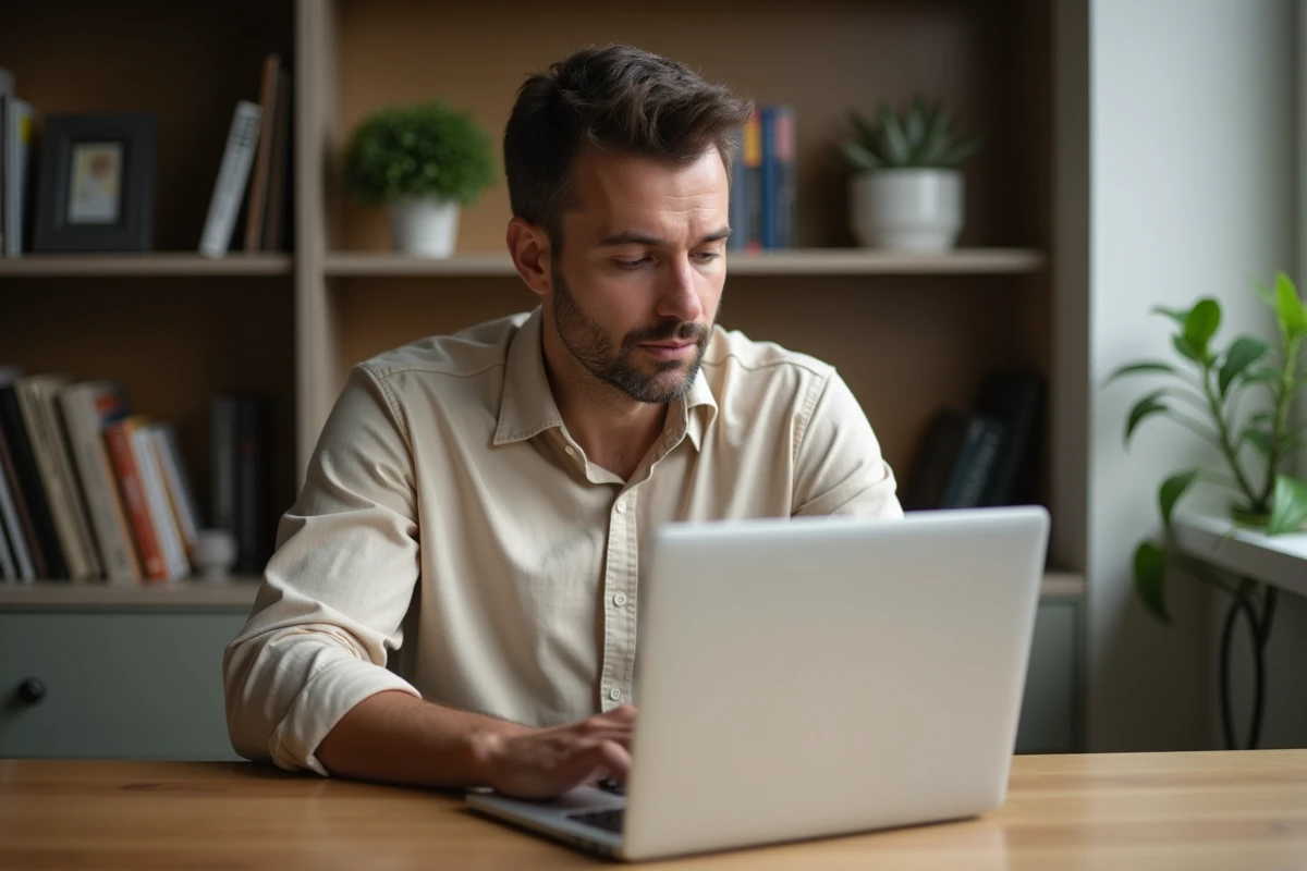 Homme rédigeant un mail d'au revoir à un collègue depuis son bureau à domicile