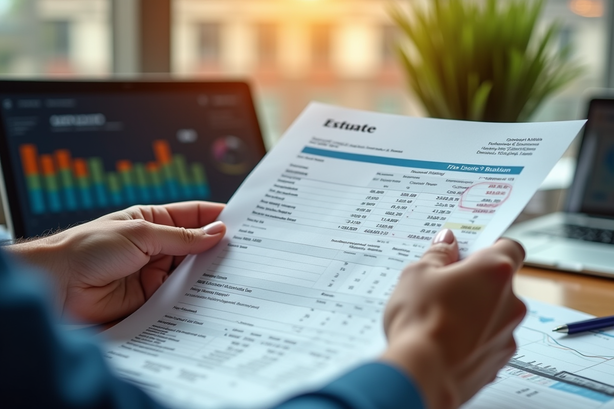 Mains pointant vers une estimation avec graphiques financiers en arrière-plan