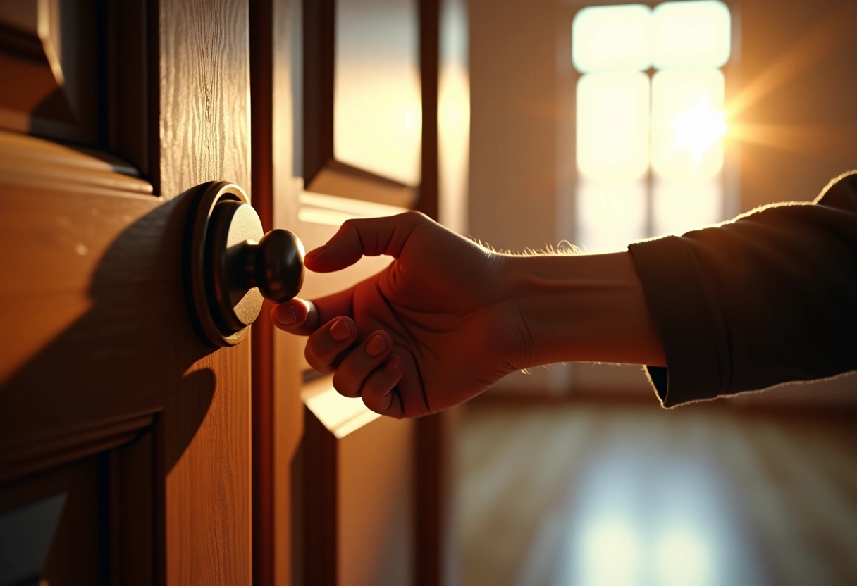 Main prête à frapper à une porte en bois classique en lumière chaude