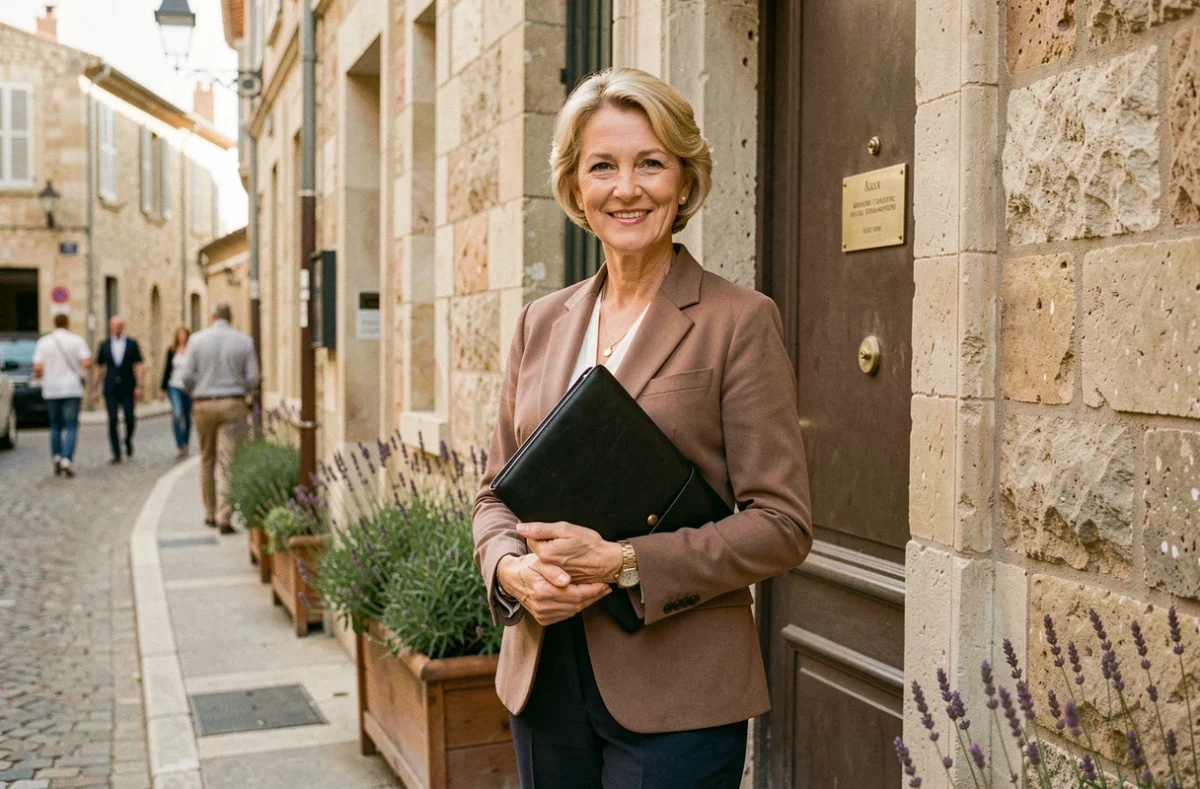 Maître Christine Casabianca, avocate au Barreau d'Aix-en-Provence, devant l'entrée de son cabinet dans un bâtiment en pierre provençal